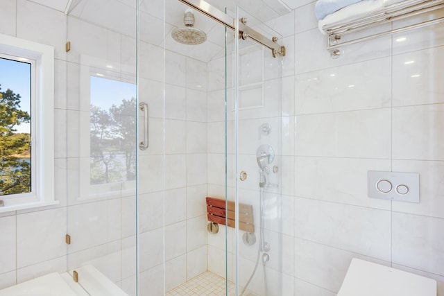 bathroom featuring a healthy amount of sunlight and walk in shower