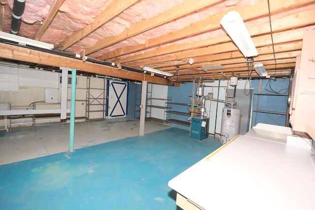 unfinished below grade area with washer / clothes dryer, water heater, and electric panel