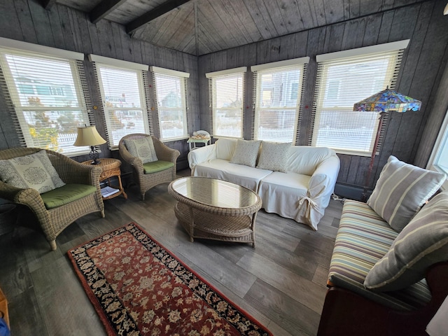 living room featuring wood-type flooring and wood walls