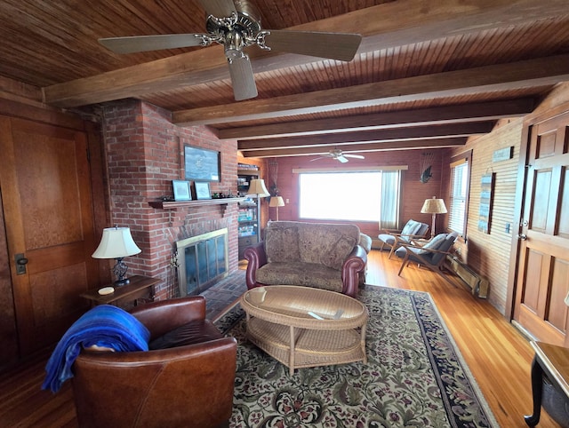 living room featuring beamed ceiling, wood walls, and wooden ceiling