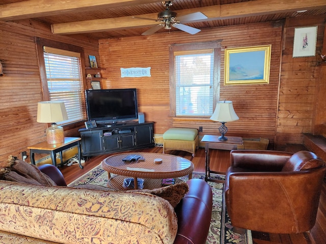 living room featuring a healthy amount of sunlight, wooden walls, beamed ceiling, and wood ceiling