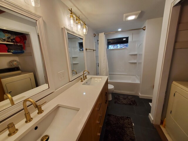 20 Spooner Rd, Eastham, MA 02642 - full bathroom with toilet, washer / clothes dryer, shower / bathtub combination with curtain, and tile patterned flooring