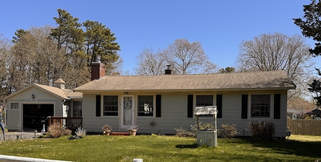 ranch-style house with a chimney, a garage, fence, and a front yard