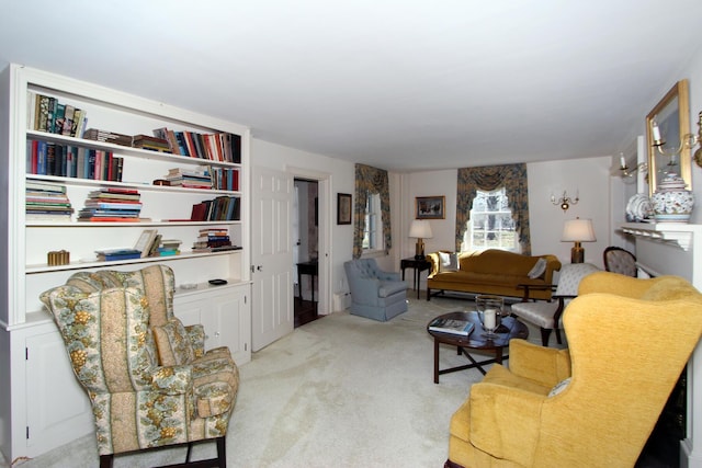 living room featuring light carpet