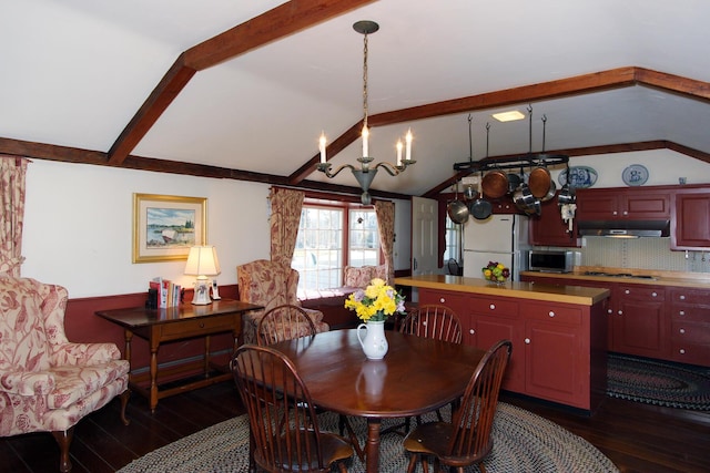 dining space with dark hardwood / wood-style flooring, a notable chandelier, and vaulted ceiling with beams