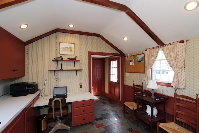 office space featuring vaulted ceiling