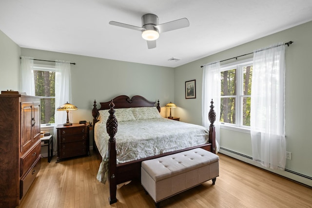 4 Canterbury Ln, Bourne, MA 02532 - bedroom featuring a baseboard heating unit, light wood-style floors, multiple windows, and a ceiling fan