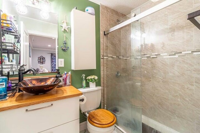 bathroom featuring a shower with door, vanity, and toilet