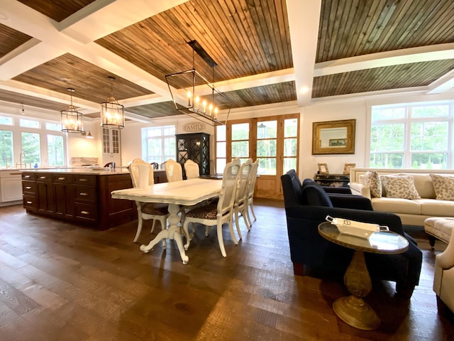 160 Ashumet Rd, East Falmouth, MA 02536 - dining area featuring dark wood-style flooring, a chandelier, and a wooden ceiling with exposed beams