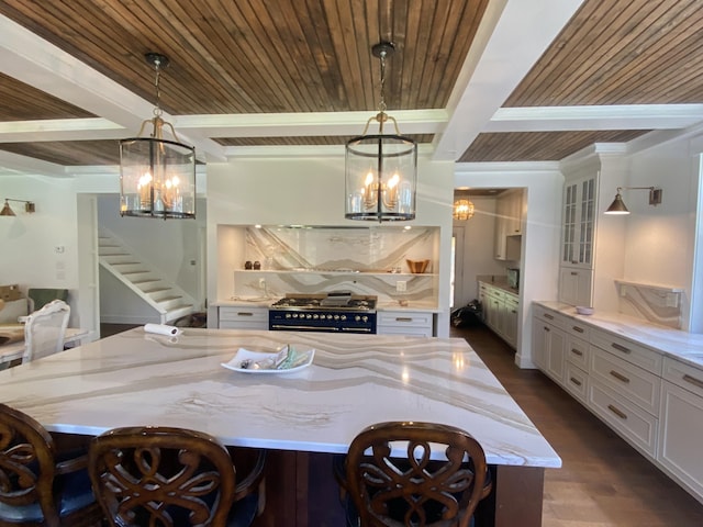 160 Ashumet Rd, East Falmouth, MA 02536 - dining space featuring a chandelier, dark wood-style floors, stairs, and beam ceiling