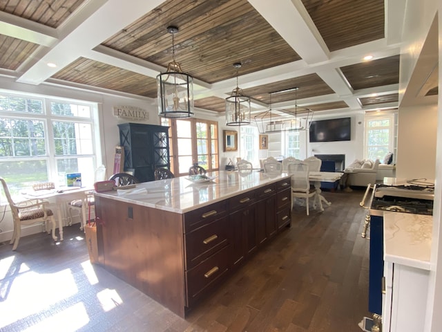 160 Ashumet Rd, East Falmouth, MA 02536 - kitchen with coffered ceiling, open floor plan, plenty of natural light, a wooden ceiling with exposed beams, and dark wood finished floors