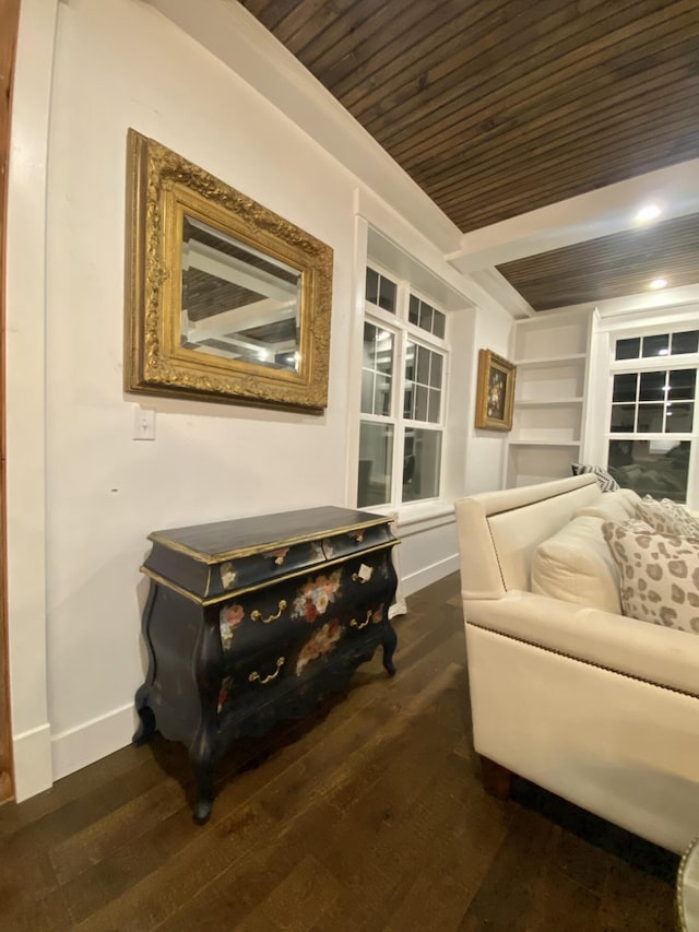 160 Ashumet Rd, East Falmouth, MA 02536 - living area featuring wood ceiling and dark wood-style floors