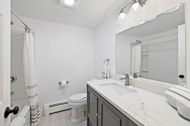 full bathroom with toilet, shower / bath combination with curtain, a baseboard heating unit, and vanity