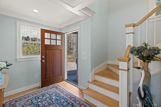 116 Happy Valley Rd, Chatham, MA 02633 - foyer with plenty of natural light, stairs, light wood-type flooring, and crown molding