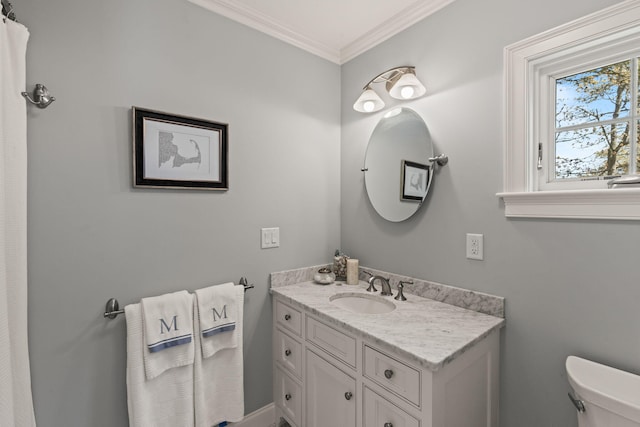 116 Happy Valley Rd, Chatham, MA 02633 - bathroom with toilet, vanity, and crown molding