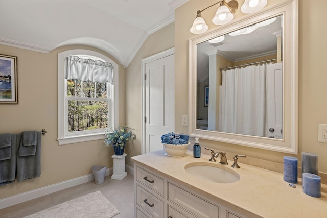 116 Happy Valley Rd, Chatham, MA 02633 - full bath featuring ornamental molding, vanity, tile patterned flooring, and baseboards