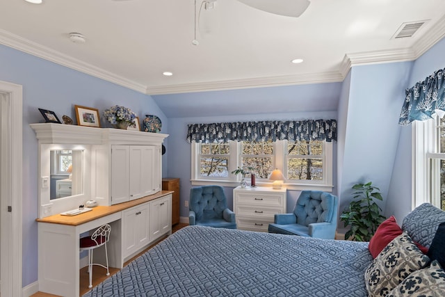 116 Happy Valley Rd, Chatham, MA 02633 - bedroom with baseboards, crown molding, wood finished floors, an office area, and ceiling fan