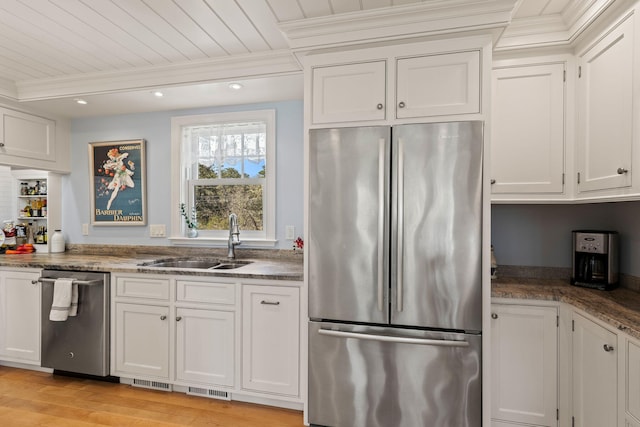 116 Happy Valley Rd, Chatham, MA 02633 - kitchen featuring stainless steel appliances, a sink, white cabinetry, ornamental molding, and wooden ceiling