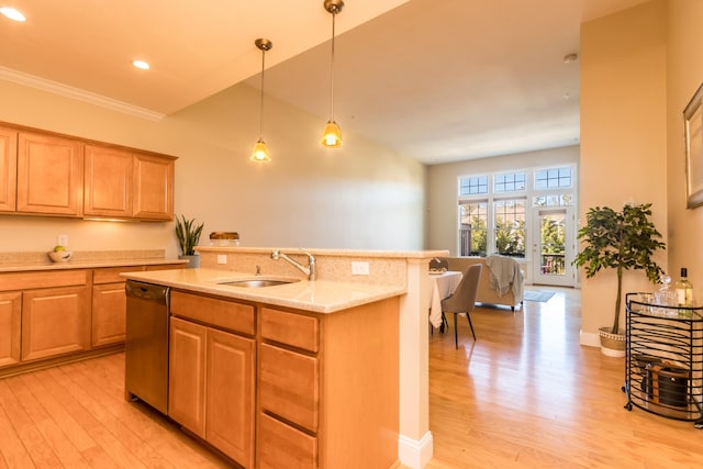 20 Twin Oaks Dr, Mashpee, MA 02649 - kitchen with a sink, stainless steel dishwasher, light wood finished floors, pendant lighting, and an island with sink