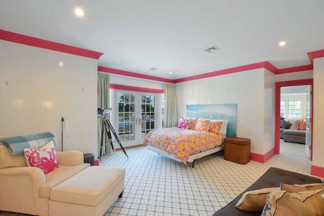 bedroom with ornamental molding, access to outside, light carpet, and french doors