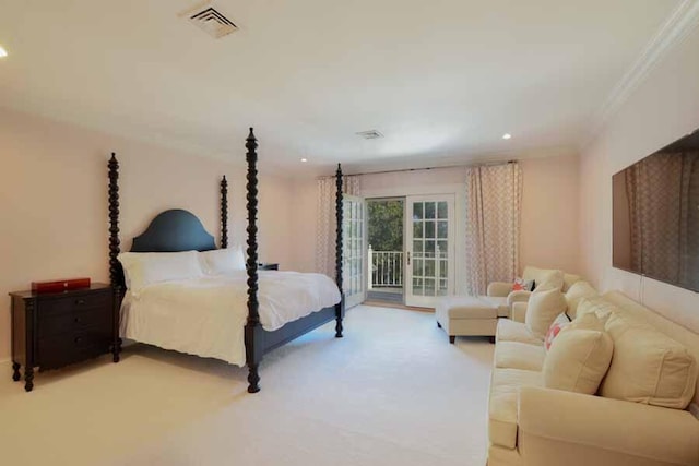 bedroom featuring light carpet, crown molding, and access to outside