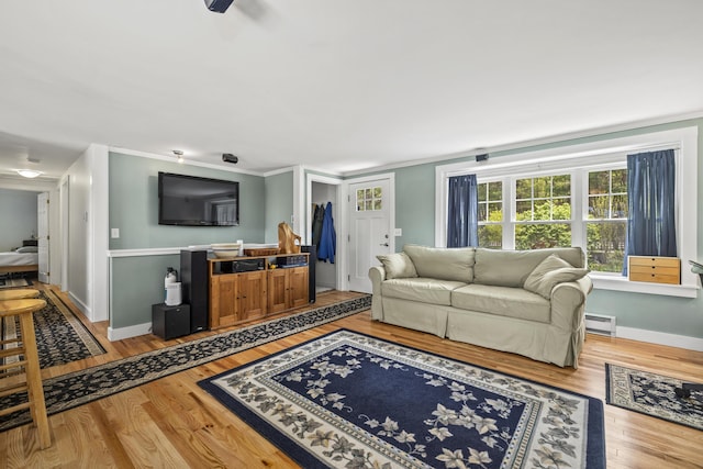 215 Head Of The Bay Rd, Buzzards Bay, MA 02532 - living room with baseboard heating, light wood-style floors, baseboards, and ornamental molding