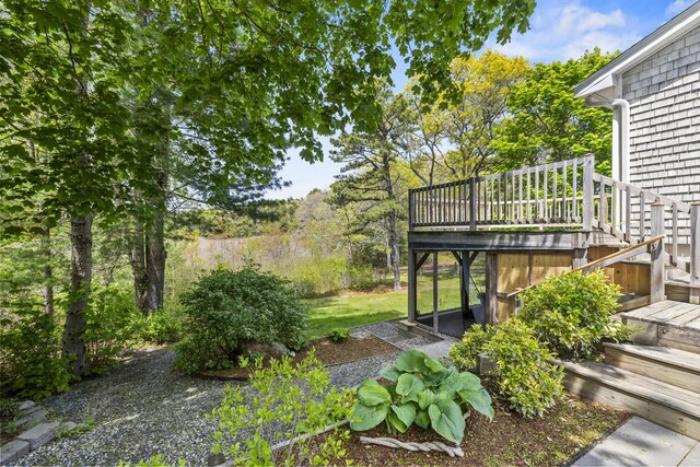 215 Head Of The Bay Rd, Buzzards Bay, MA 02532 - view of grassy yard with stairs and a deck