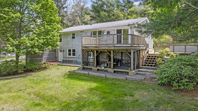 215 Head Of The Bay Rd, Buzzards Bay, MA 02532 - rear view of property with stairway, a wooden deck, a patio, and view of wooded area