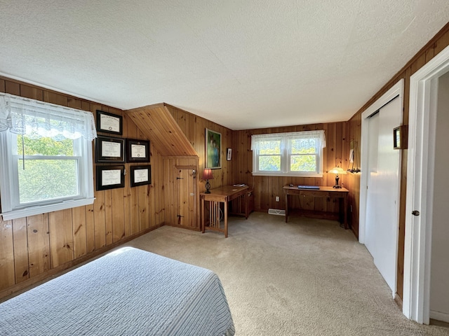 carpeted bedroom featuring a textured ceiling and multiple windows