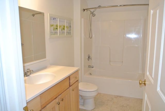 full bathroom with tub / shower combination, tile patterned floors, toilet, and vanity