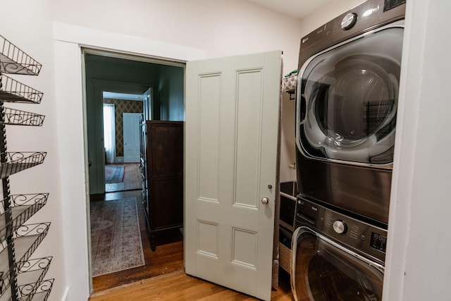 115 Rte 28, West Harwich, MA 02671 - washroom with laundry area, stacked washer / drying machine, and light wood-style floors