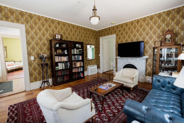 115 Rte 28, West Harwich, MA 02671 - living room with baseboards, wood finished floors, a fireplace, and wallpapered walls