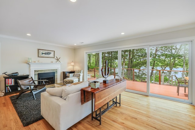 living area featuring ornamental molding, a fireplace, recessed lighting, and light wood-style floors