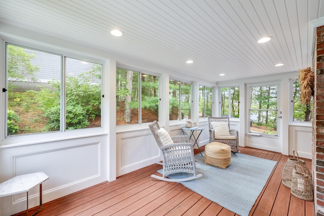 sunroom with wood ceiling