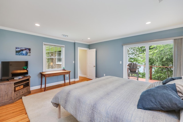 bedroom with recessed lighting, access to exterior, baseboards, ornamental molding, and light wood finished floors