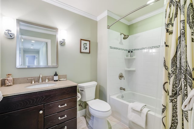 full bathroom featuring toilet, vanity, baseboards, shower / bath combination with curtain, and crown molding