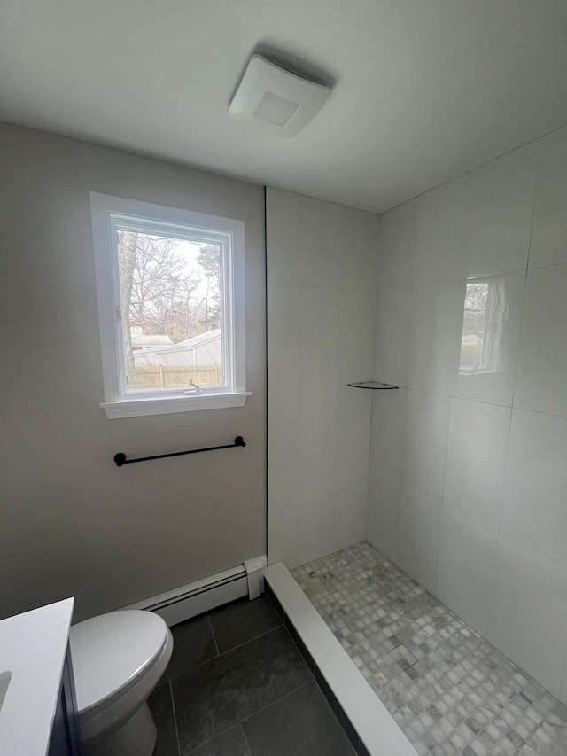 23 Town Hall Ave, South Yarmouth, MA 02664 - full bath featuring a baseboard heating unit, tile patterned floors, tiled shower, toilet, and vanity