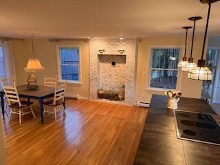 dining space with hardwood / wood-style flooring and a baseboard radiator