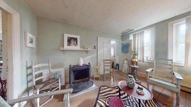 living room featuring tile patterned flooring