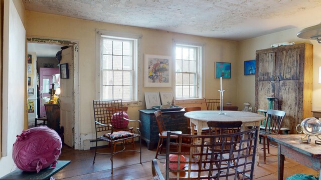 dining room with dark hardwood / wood-style flooring and a textured ceiling