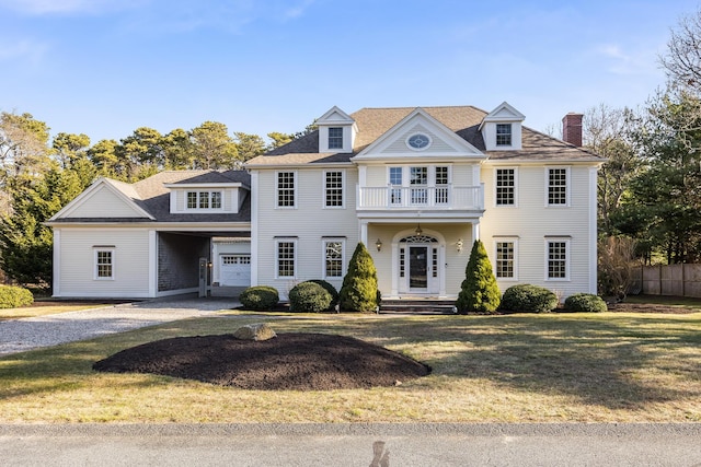 view of front of home featuring a balcony, a front lawn, and a garage