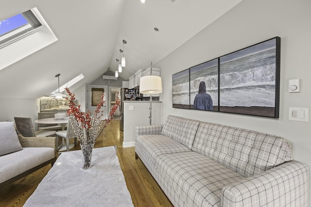 living room with dark hardwood / wood-style flooring and lofted ceiling with skylight