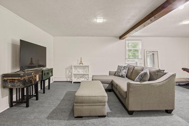 28 Brook St, Plympton, MA 02367 - carpeted living area featuring a textured ceiling, beam ceiling, and baseboard heating