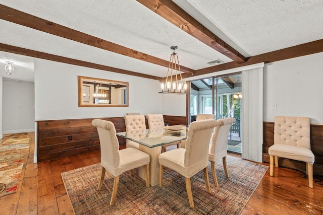 28 Brook St, Plympton, MA 02367 - dining space featuring beam ceiling, hardwood / wood-style flooring, a chandelier, a wainscoted wall, and a textured ceiling