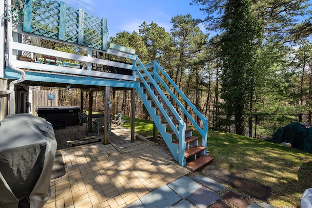 64 Gold Finch Ln, South Dennis, MA 02660 - exterior space with a lawn, a hot tub, fence, stairs, and a patio area