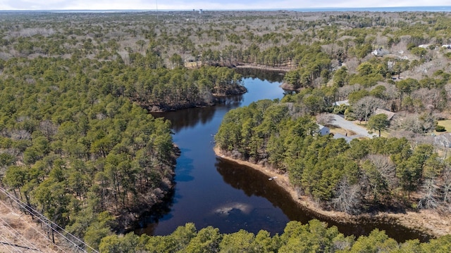 64 Gold Finch Ln, South Dennis, MA 02660 - birds eye view of property featuring a water view and a wooded view