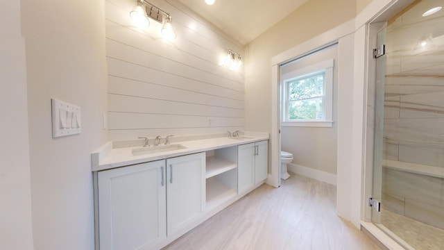 bathroom featuring a shower with door, toilet, and vanity