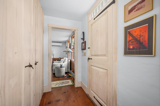 181 Stony Brook Rd, Brewster, MA 02631 - hall with a wall mounted AC and dark wood-style floors