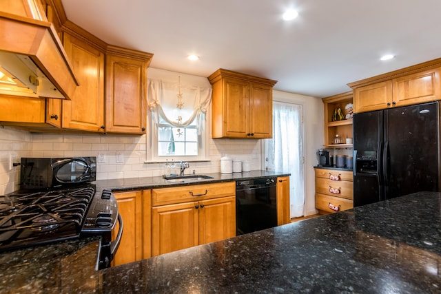 15 Mirror Brook Rd, West Yarmouth, MA 02673 - kitchen featuring black appliances, custom range hood, open shelves, decorative backsplash, and recessed lighting