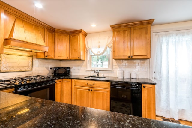 15 Mirror Brook Rd, West Yarmouth, MA 02673 - kitchen with black appliances, premium range hood, tasteful backsplash, dark stone countertops, and recessed lighting